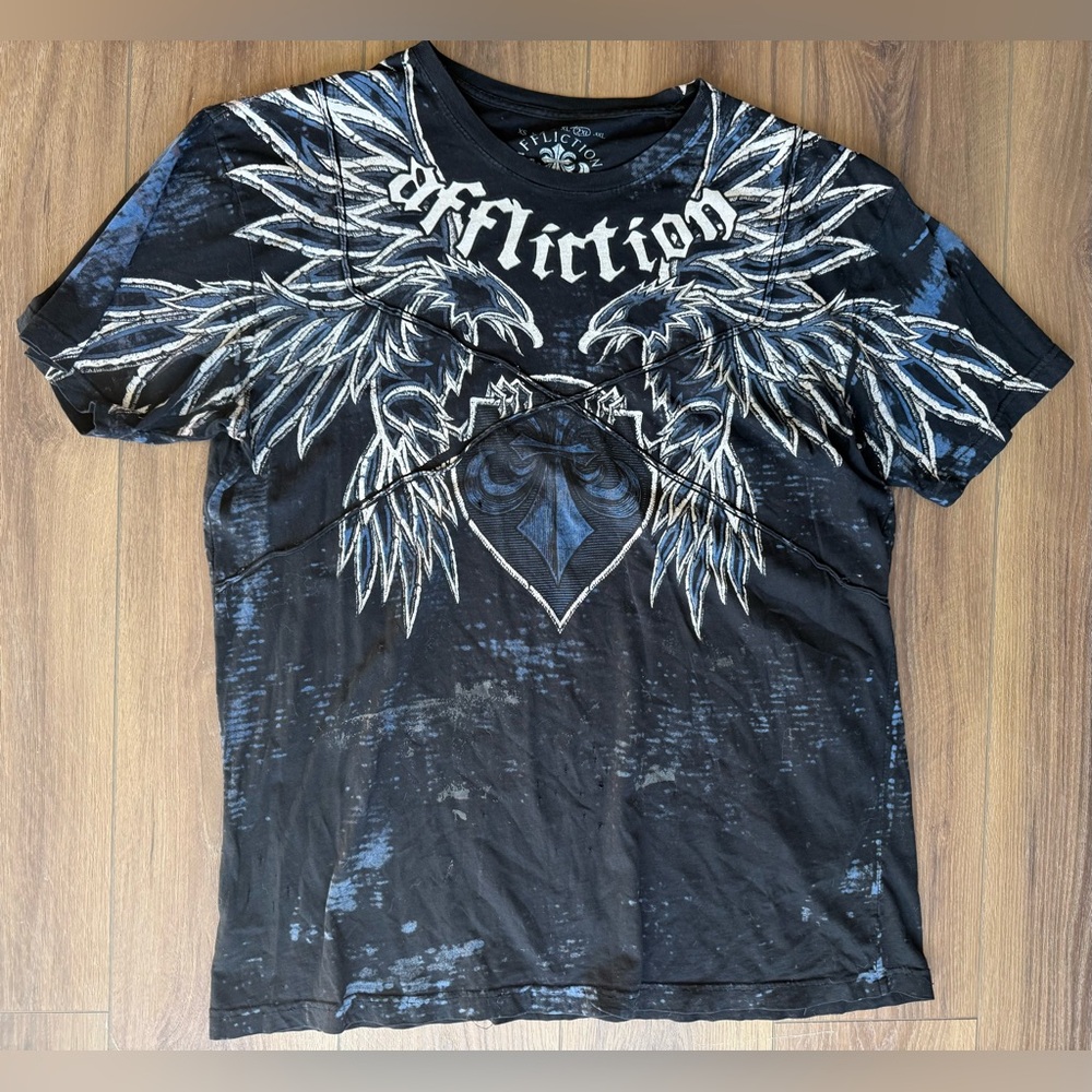 Affliction Y2K 2XL Wings Distressed AOP Black Men’s T-Shirt Grunge